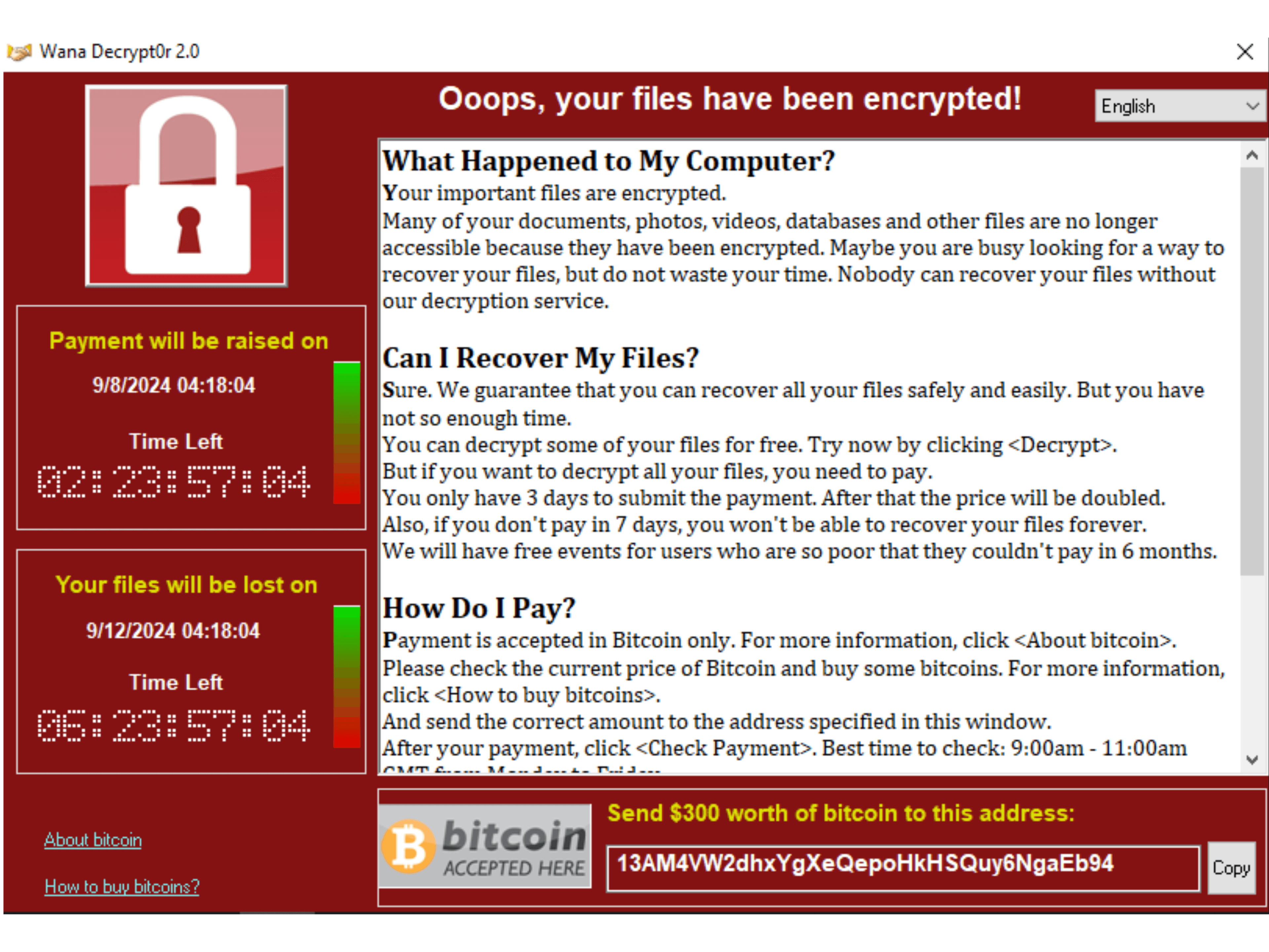 a computer infected with WannaCry ransomware demanding $300 in Bitcoin to decrypt files, with a red warning screen displaying a countdown timer and instructions for payment.